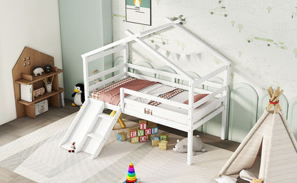 Twin Low Loft House Bed With Slide, Ladder, Safety Guardrails, House Roof Frame - White