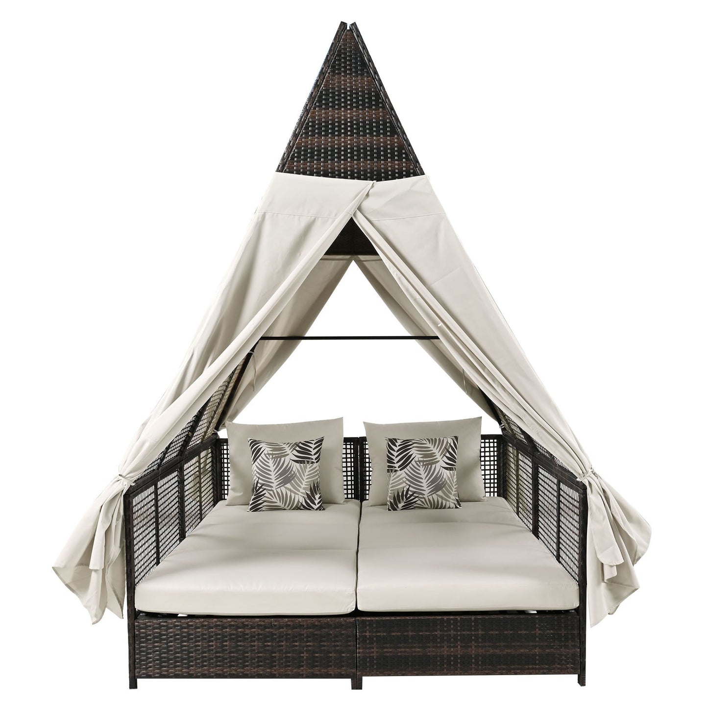 Outdoor Daybed Patio Lounge Bed With Adjustable Backrest Double Sun Lounger With Curtains, 4 Pillows For Garden Patio Poolside Balcony Beach - Beige