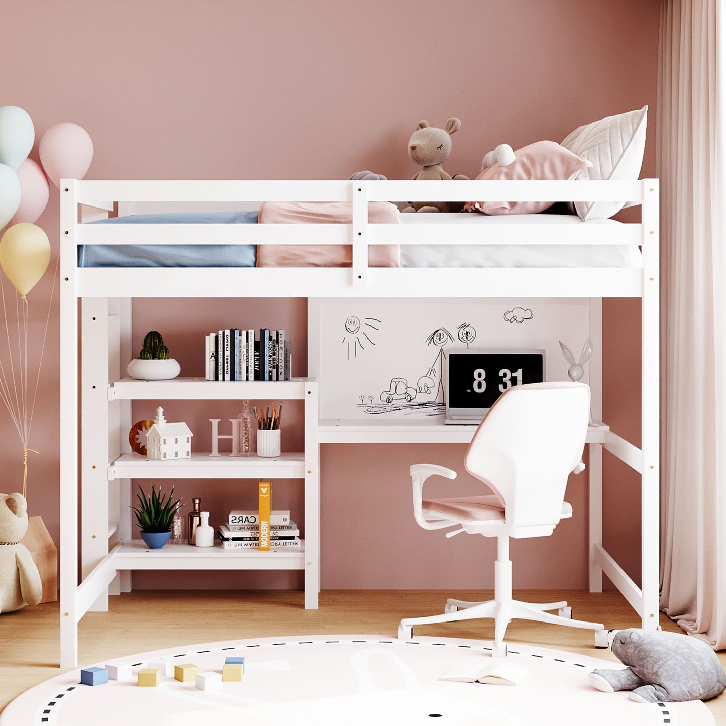 Full Size Loft Bed With Shelves, Desk And Writing Board - White