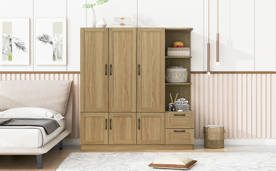 3 Door Storage Wardrobe For Dedroom With Shelves And 2 Drawers, Side Storage Shelves - Nature