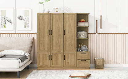 3 Door Storage Wardrobe For Dedroom With Shelves And 2 Drawers, Side Storage Shelves - Nature