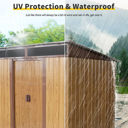6Ft X 5Ft Outdoor Metal Storage With Transparent Plate And Foundation For Backyard Garden Patio - Coffee
