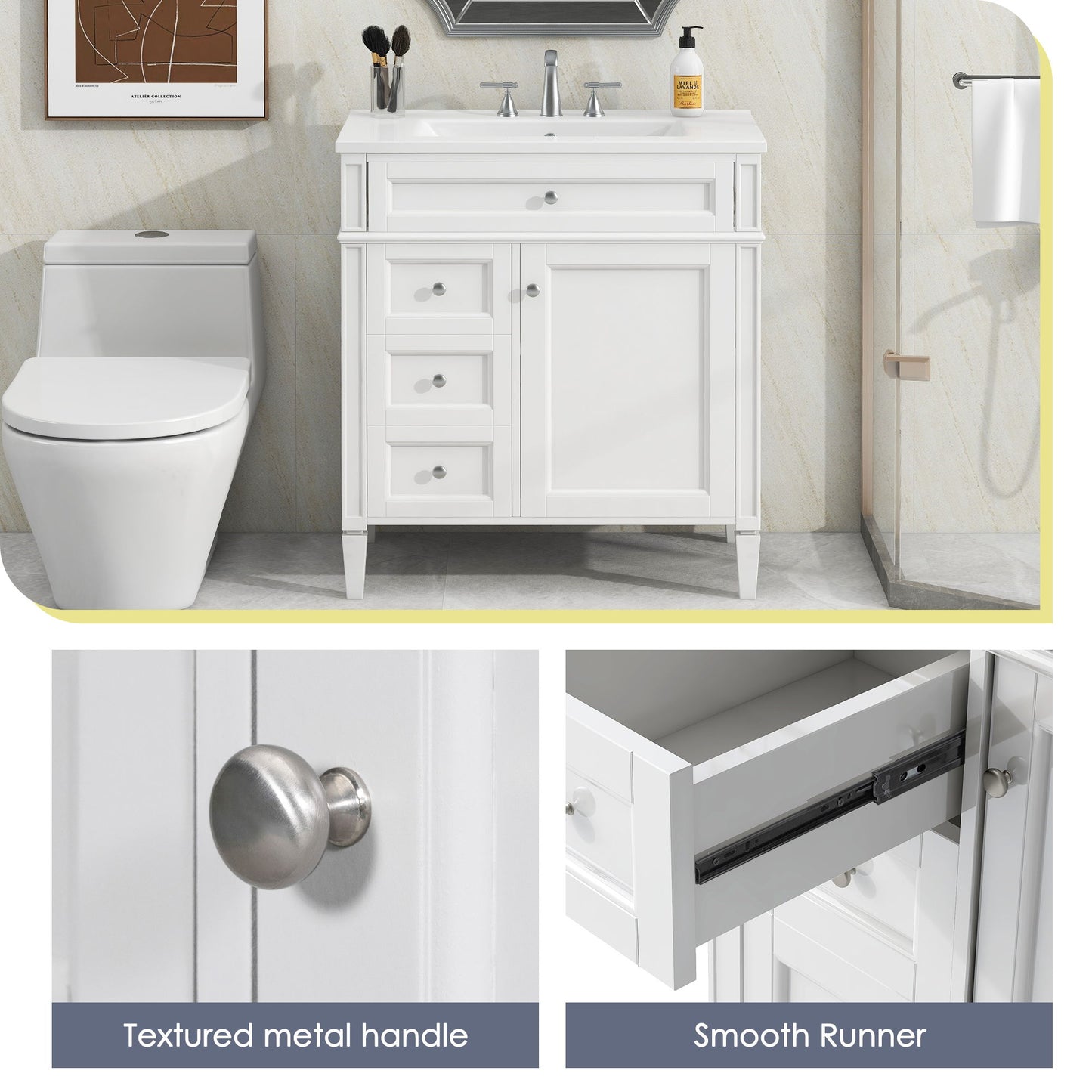 Bathroom Vanity & Top Sink, Modern Bathroom Storage Cabinet, 2 Drawers And A Tip-Out Drawer, Single Sink Bathroom Vanity - White