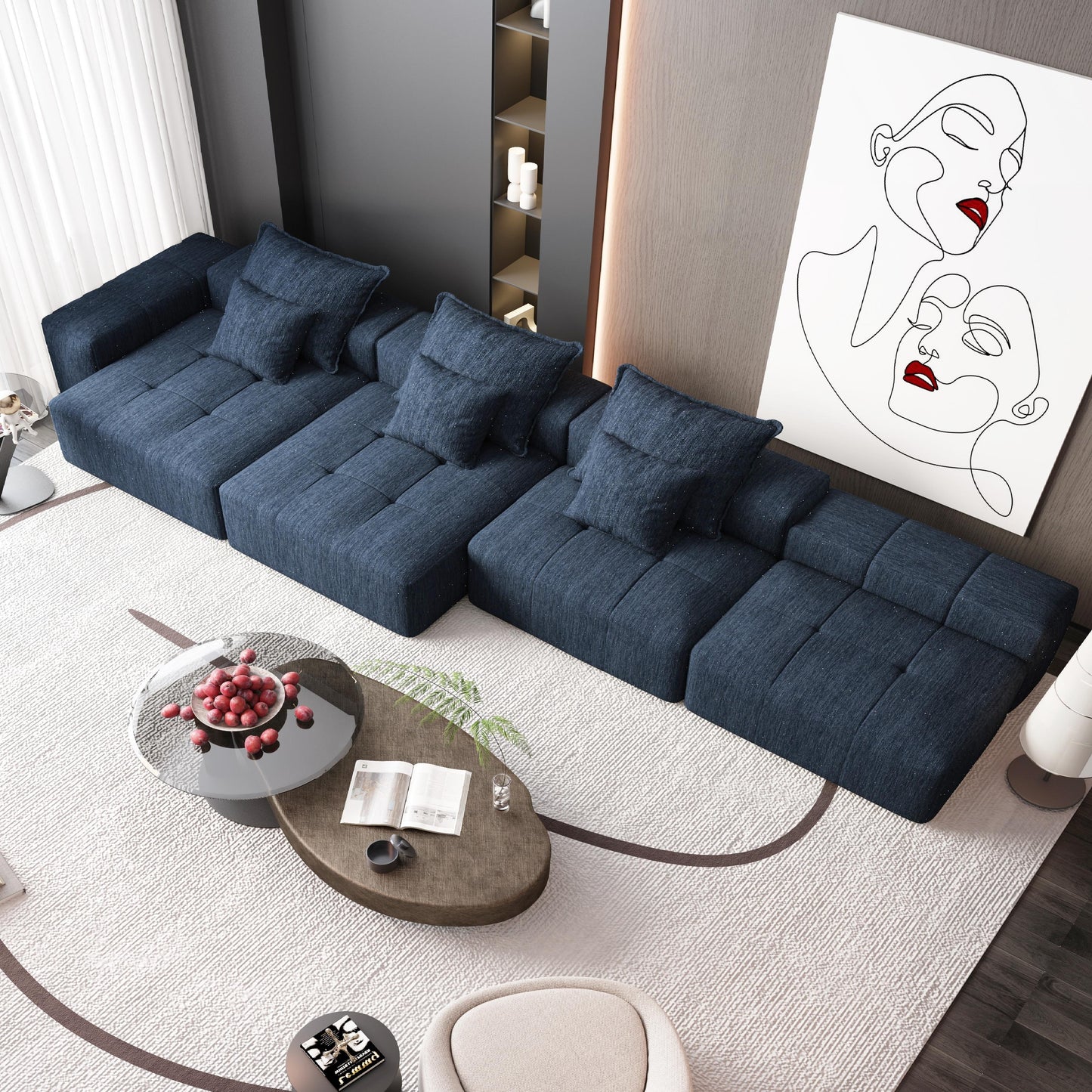 Modern Oversized Modular Sectional Sofa, Sparkling Chenille Soft Cushion Sofa With 6 Pillows, 6 Pieces Diy Combination Tufted Sofa, No Assembly Required - Blue