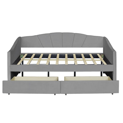 Twin Size Upholstered Daybed With Two Drawers And Slat - Gray