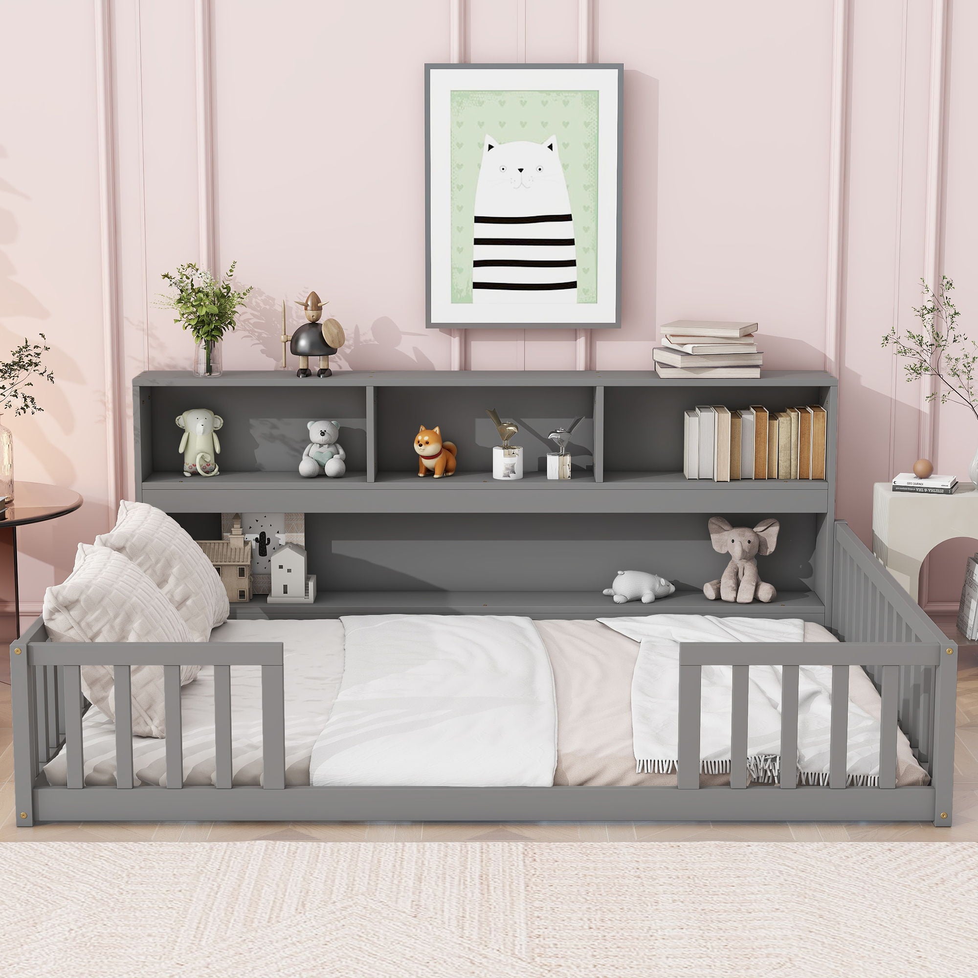 Full Floor Bed With Side Bookcase, Shelves, Guardrails - Gray