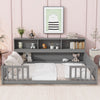 Full Floor Bed With Side Bookcase, Shelves, Guardrails - Gray