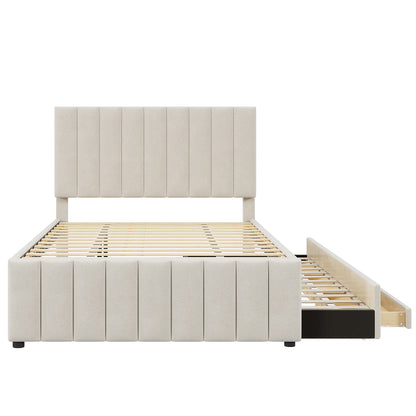 Full Size Upholstered Platform Bed With Twin Size Trundle And 3 Drawers - Beige