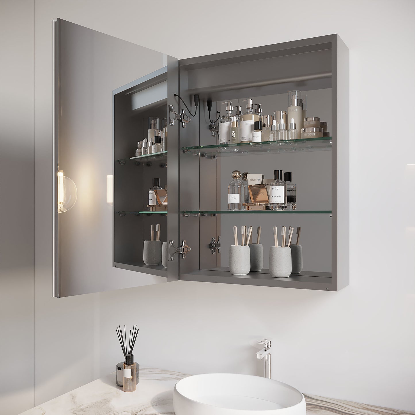 26" X 20" Bathroom Medicine Cabinet With LED Mirror, Anti-Fog, Waterproof, 3000K~6000K Single Door Lighted Bathroom Cabinet With Touch Swich, Dimmable, Recessed Or Surface Mount (Left Door) - Silver