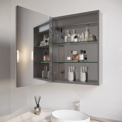 26" X 20" Bathroom Medicine Cabinet With LED Mirror, Anti-Fog, Waterproof, 3000K~6000K Single Door Lighted Bathroom Cabinet With Touch Swich, Dimmable, Recessed Or Surface Mount (Left Door) - Silver