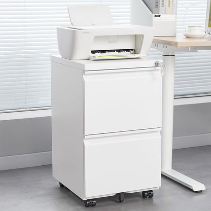 Metal 2 Drawer Mobile File Cabinet With Lock, Under Desk Office Steel Filing Cabinet, 25.6''H Legal / Letter Size Files Storage Cabinet - White