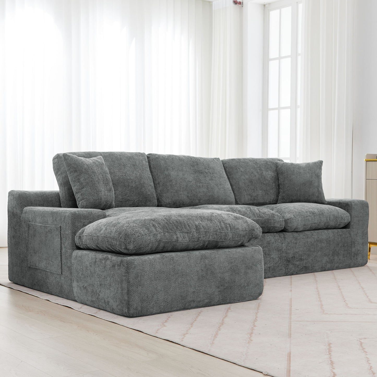 Cloud Sectional Sofa Upholstered Sofa Couch With Double-Layer Cushion And Side Pockets, Free Combined Sectional Sofa Full Compressed Sofa For Living Room - Gray