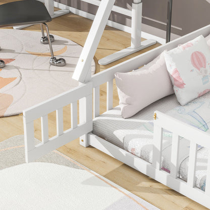 Full Tent-Shaped Floor Bed, With Guardrails, Slats, Door - White