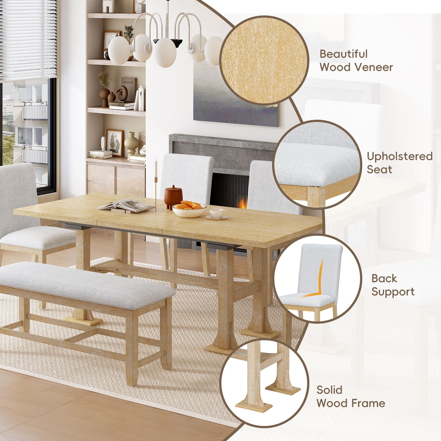 Topmax - 6 Piece Farmhouse Extendable Dining Table Set Trestle Kitchen Table Set With Removable Leaf And Upholstered Dining Chair And Bench For Dining Room - Natural