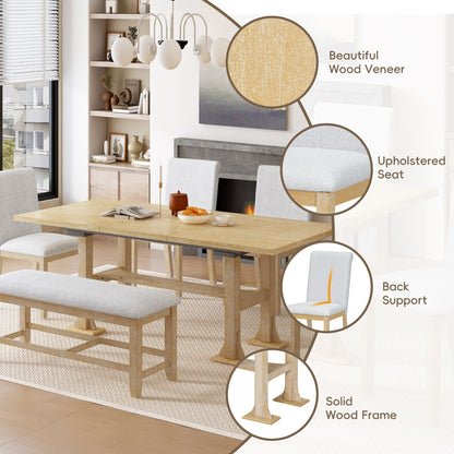 Topmax - 6 Piece Farmhouse Extendable Dining Table Set Trestle Kitchen Table Set With Removable Leaf And Upholstered Dining Chair And Bench For Dining Room - Natural