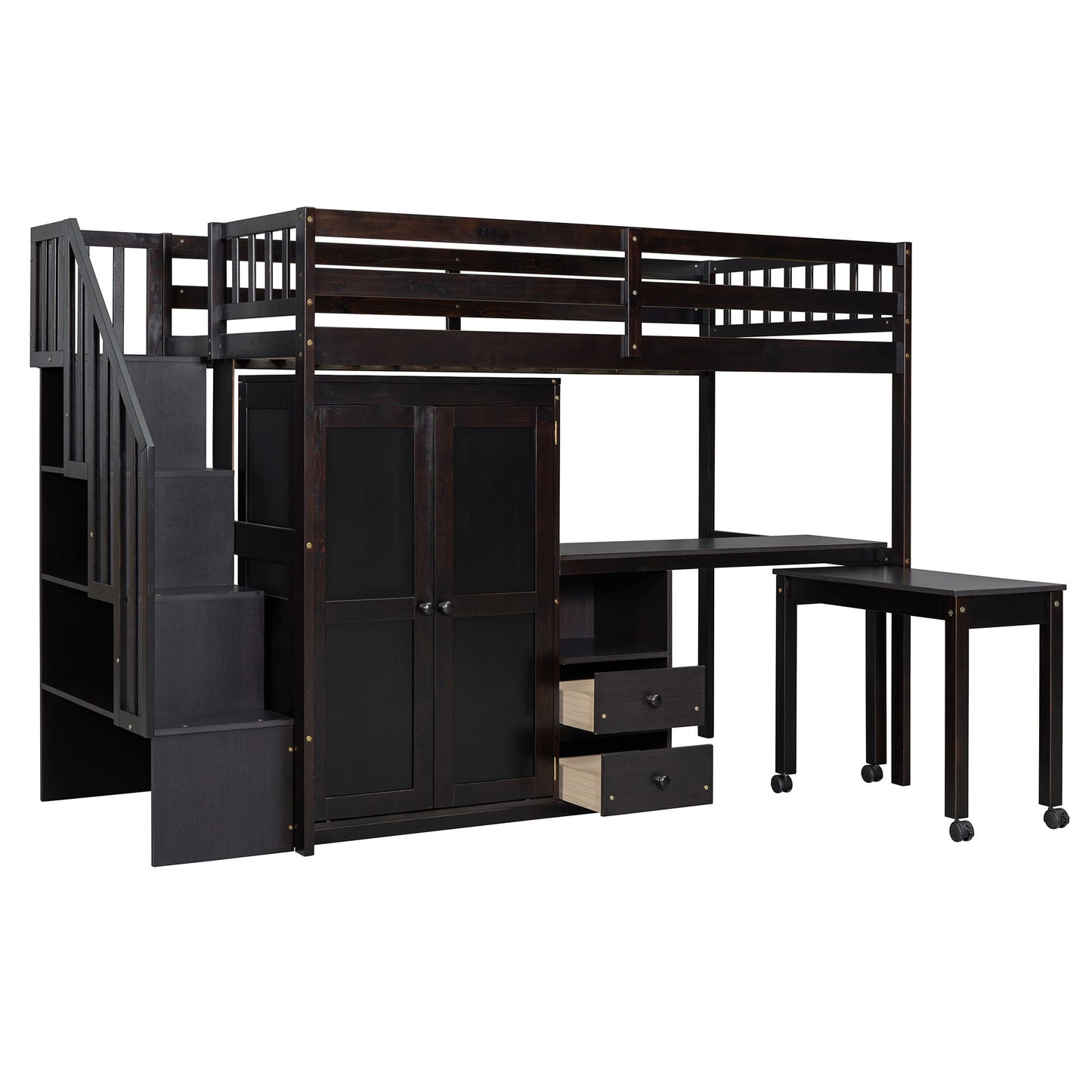 Twin Size Loft Bed With Stairs, Bookshelf, Drawers, Desk & Wardrobe, Space Saving Multifunctional Furniture - Espresso