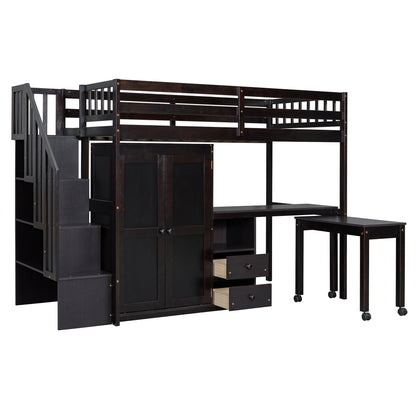 Twin Size Loft Bed With Stairs, Bookshelf, Drawers, Desk & Wardrobe, Space Saving Multifunctional Furniture - Espresso