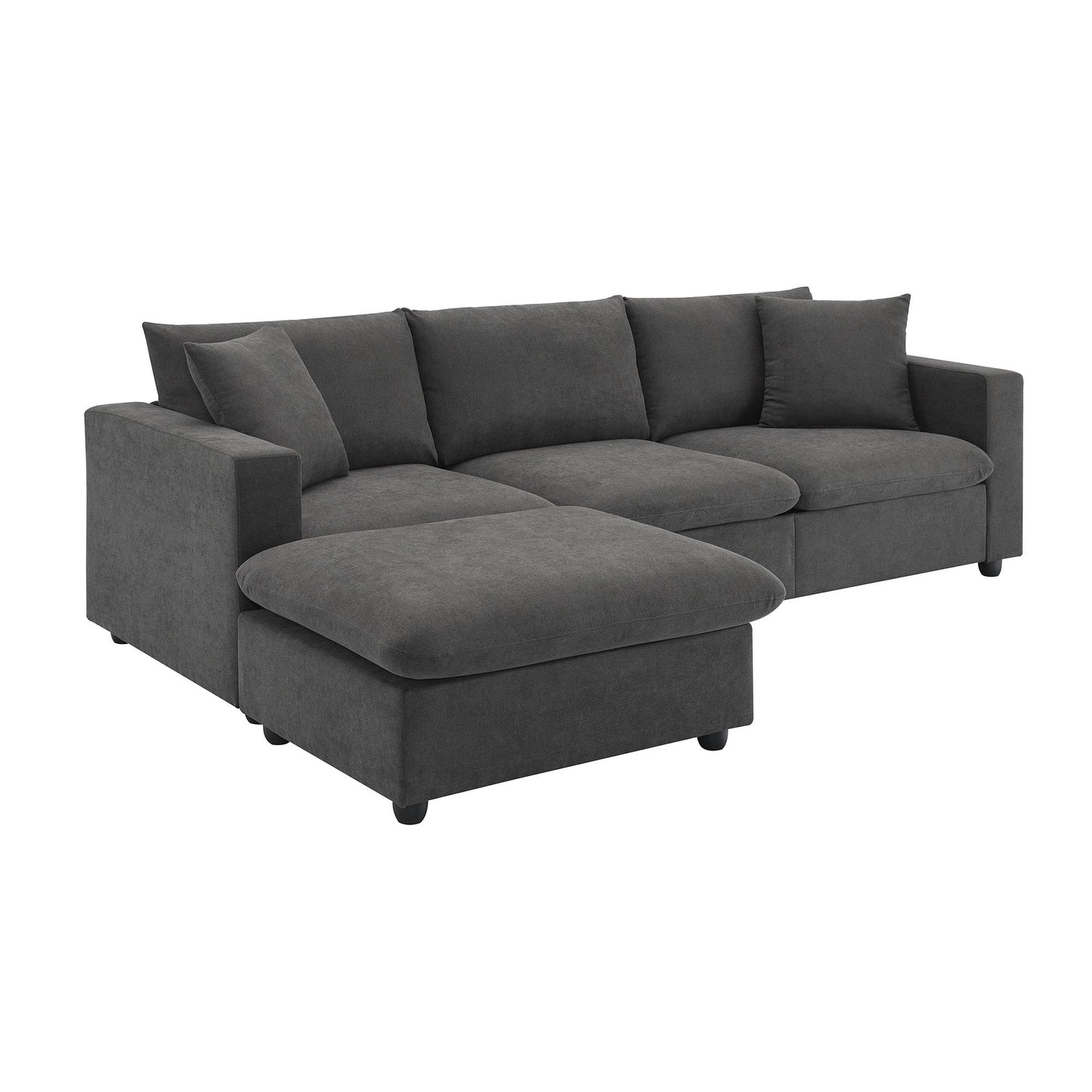 Modern Sectional Sofa, L-Shaped Couch Set With 2 Free Pillows, 4 Seat Polyester Fabric Couch Set With Convertible Ottoman - Dawn Gray