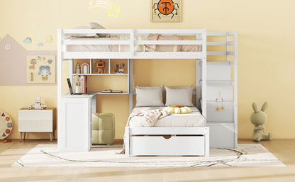 Full Over Twin Bunk Bed With Desk, Drawers And Shelves - White
