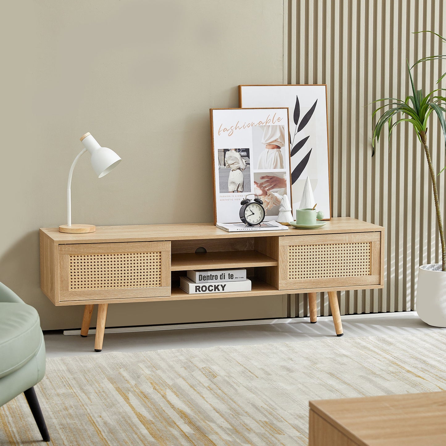 55.12" Rattan TV Cabinet, Double Sliding Doors For Storage, Adjustable Shelf, Solid Wood Legs, TV Console For Living Room - Natural