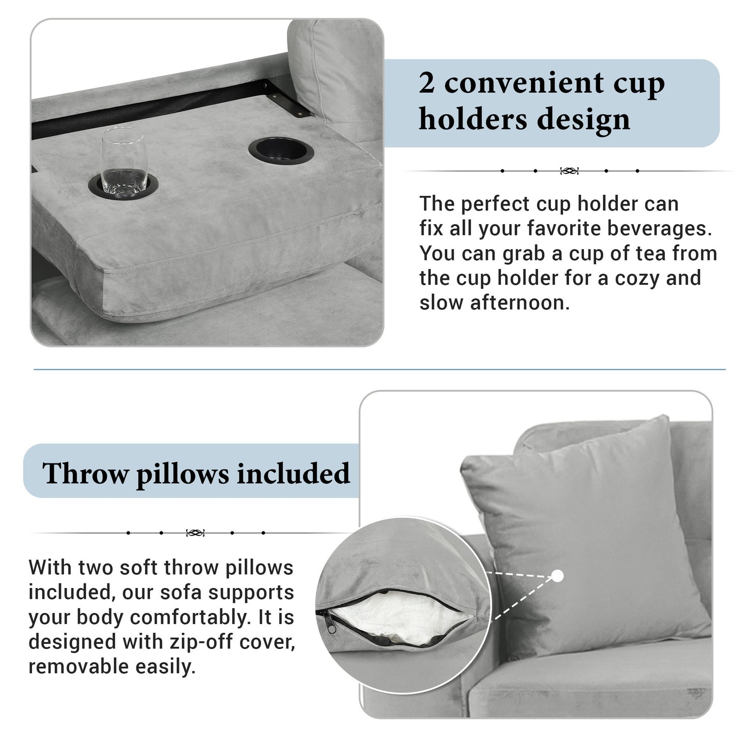Modern Sectional Sofa With Storage Ottoman, L - Shape Couch With 2 Pillows And Cup Holders - Gray