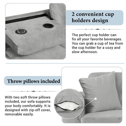 Modern Sectional Sofa With Storage Ottoman, L - Shape Couch With 2 Pillows And Cup Holders - Gray
