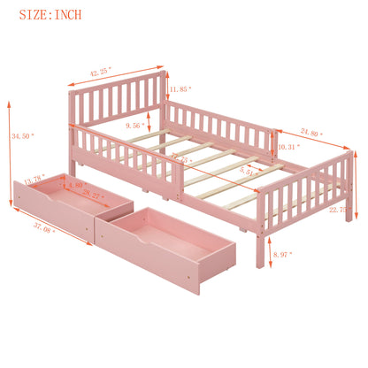 Twin Size Platform Bed With Guardrails On Both Sides And 2 Storage Drawers - Pink