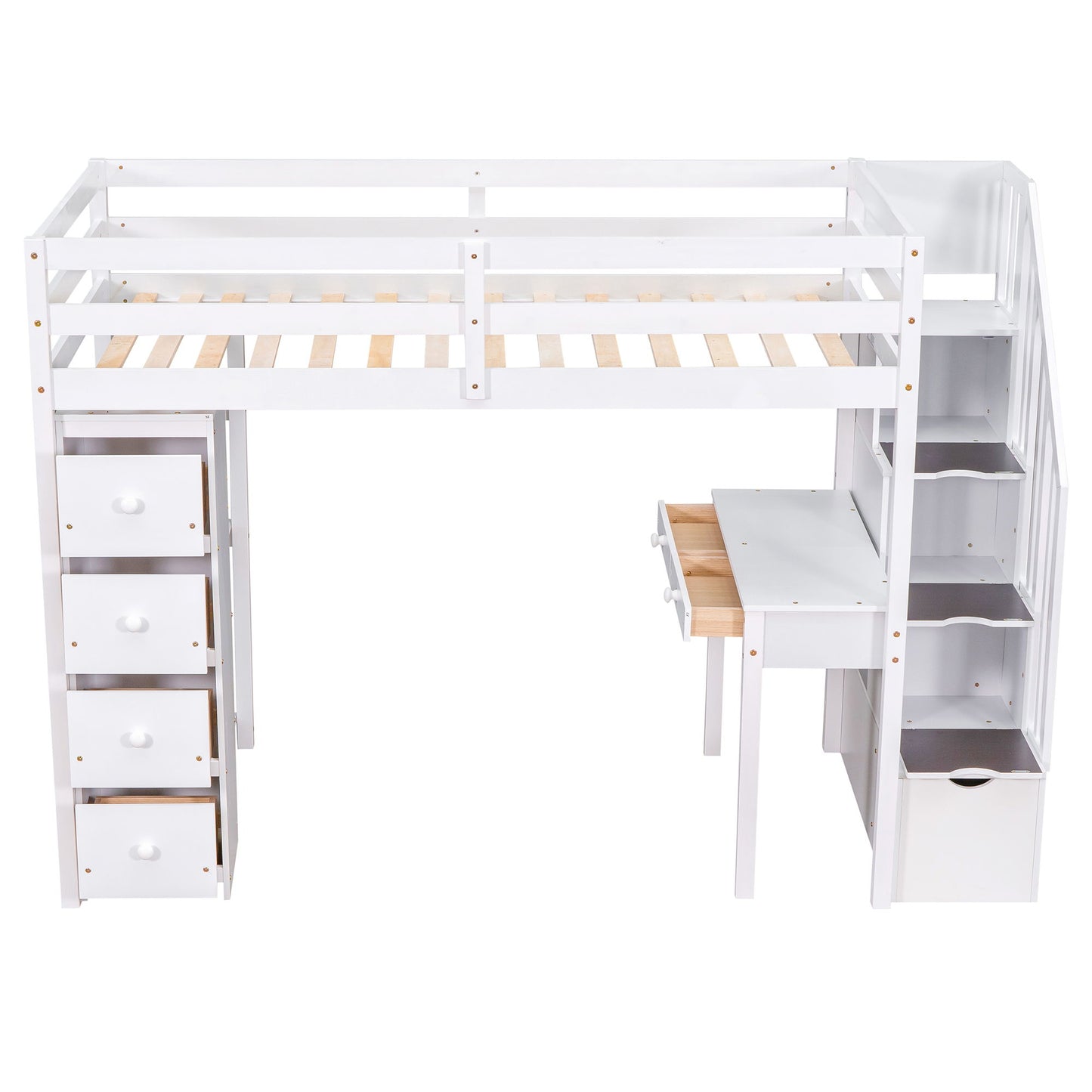 Twin Size Loft Bed With Storage Drawers, Desk And Stairs With Shelves - White