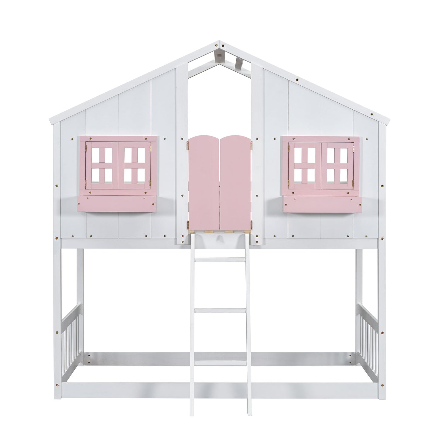 Twin Over Twin House Bunk Bed With Roof, Window, Window Box, Door, With Safety Guardrails And Ladder - Pink / White