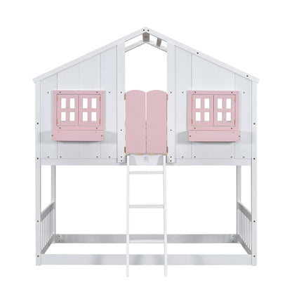 Twin Over Twin House Bunk Bed With Roof, Window, Window Box, Door, With Safety Guardrails And Ladder - Pink / White