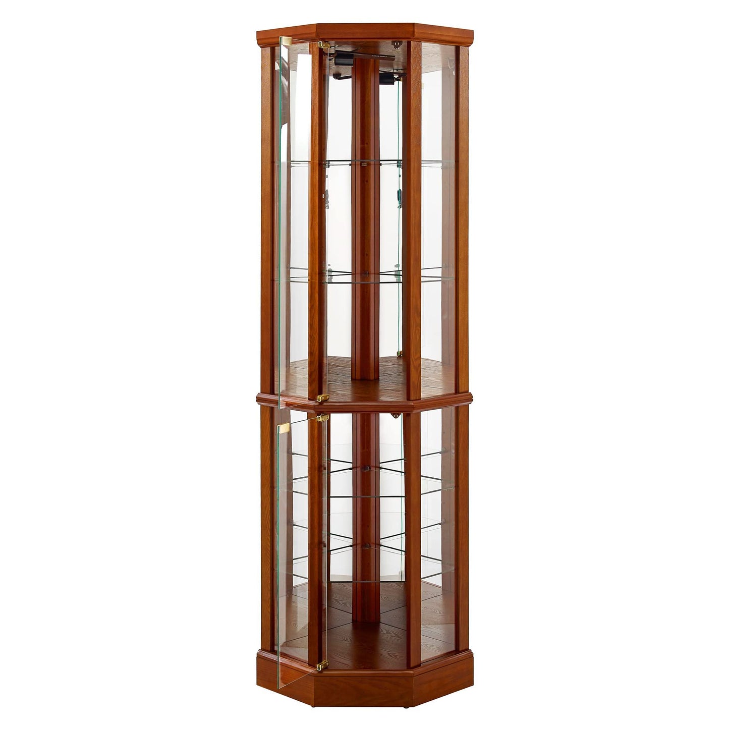 6 Shelf Lighted Corner Curio Cabinet With Adjustable Tempered Glass Shelves And Mirror Back (E26 Light Bulb Not Included) - Oak
