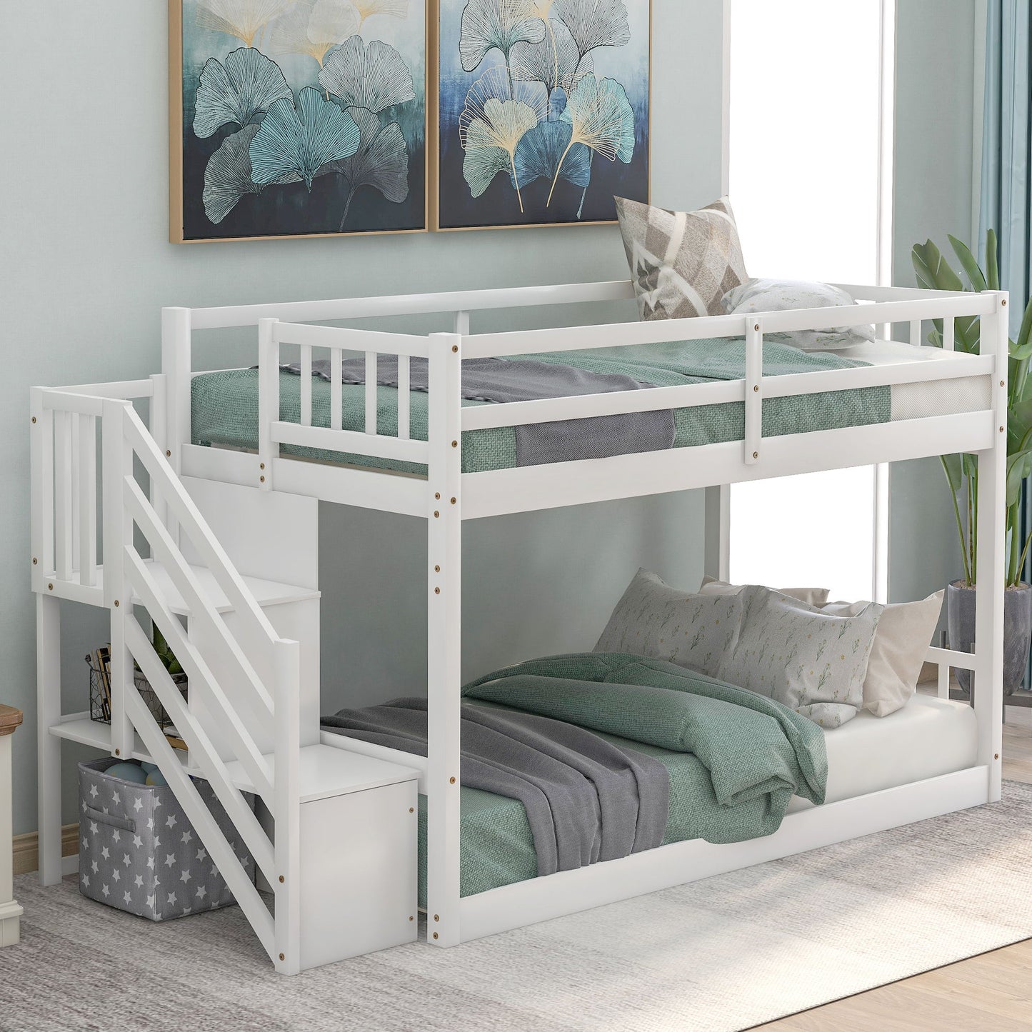 Twin Over Twin Floor Bunk Bed, Ladder With Storage - White