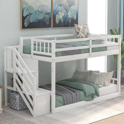 Twin Over Twin Floor Bunk Bed, Ladder With Storage - White
