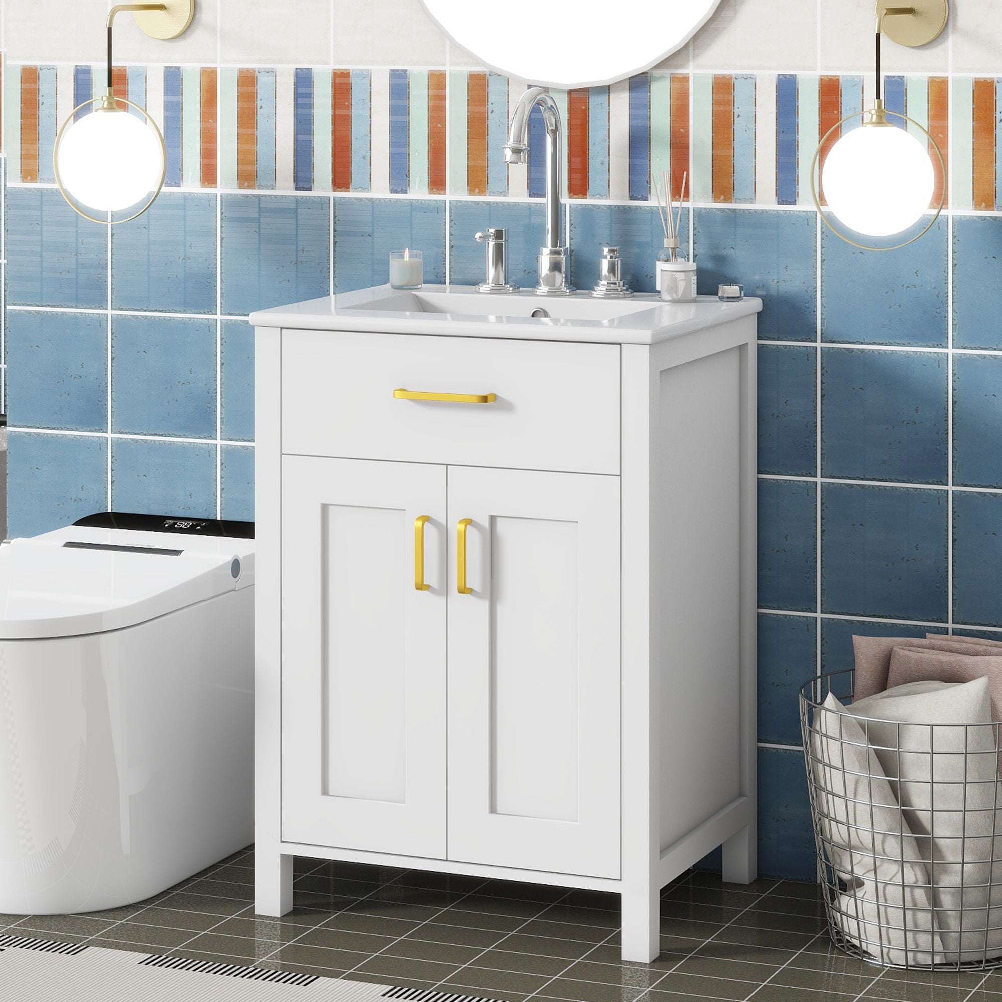 Bathroom Vanity Combo With Ceramic Sink, Luxurious Space-Saving Vanity, 2 Soft-Close Doors - Gold / White