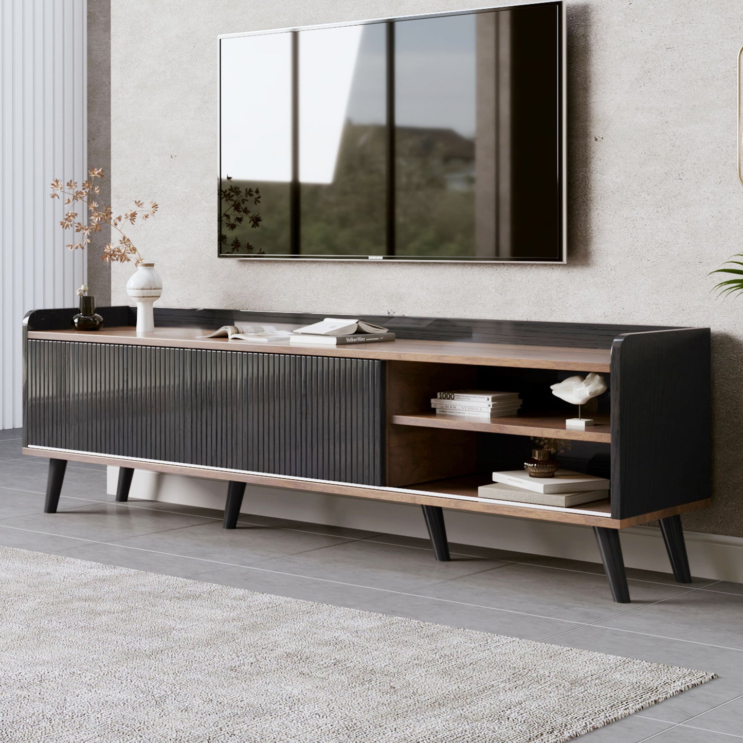 Mid Century TV Stand With 2 Cabinets & Open Compartments, Entertainment Center For Tvs Up To 70'', Television Console For Living Room - Dark Coffee / Black