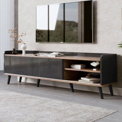 Mid Century TV Stand With 2 Cabinets & Open Compartments, Entertainment Center For Tvs Up To 70'', Television Console For Living Room - Dark Coffee / Black