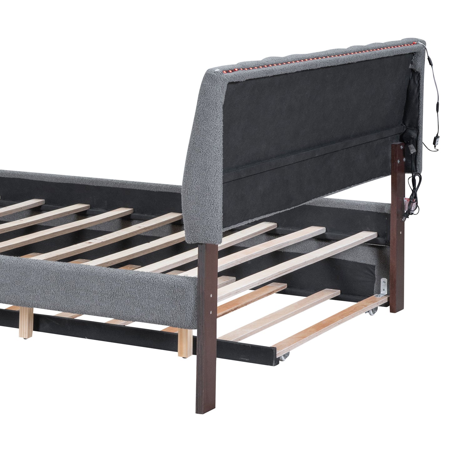 Queen Size Upholstered Platform Bed With Twin Long Trundle - Gray