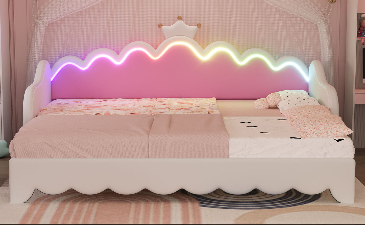 Twin Extending Daybed With LED Lights, Modern Upholstered Princess Daybed With Crown Headboard - White
