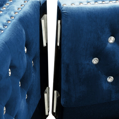 Wide Sofa With Jeweled Buttons, Square Arm, 2 Pillows - Blue