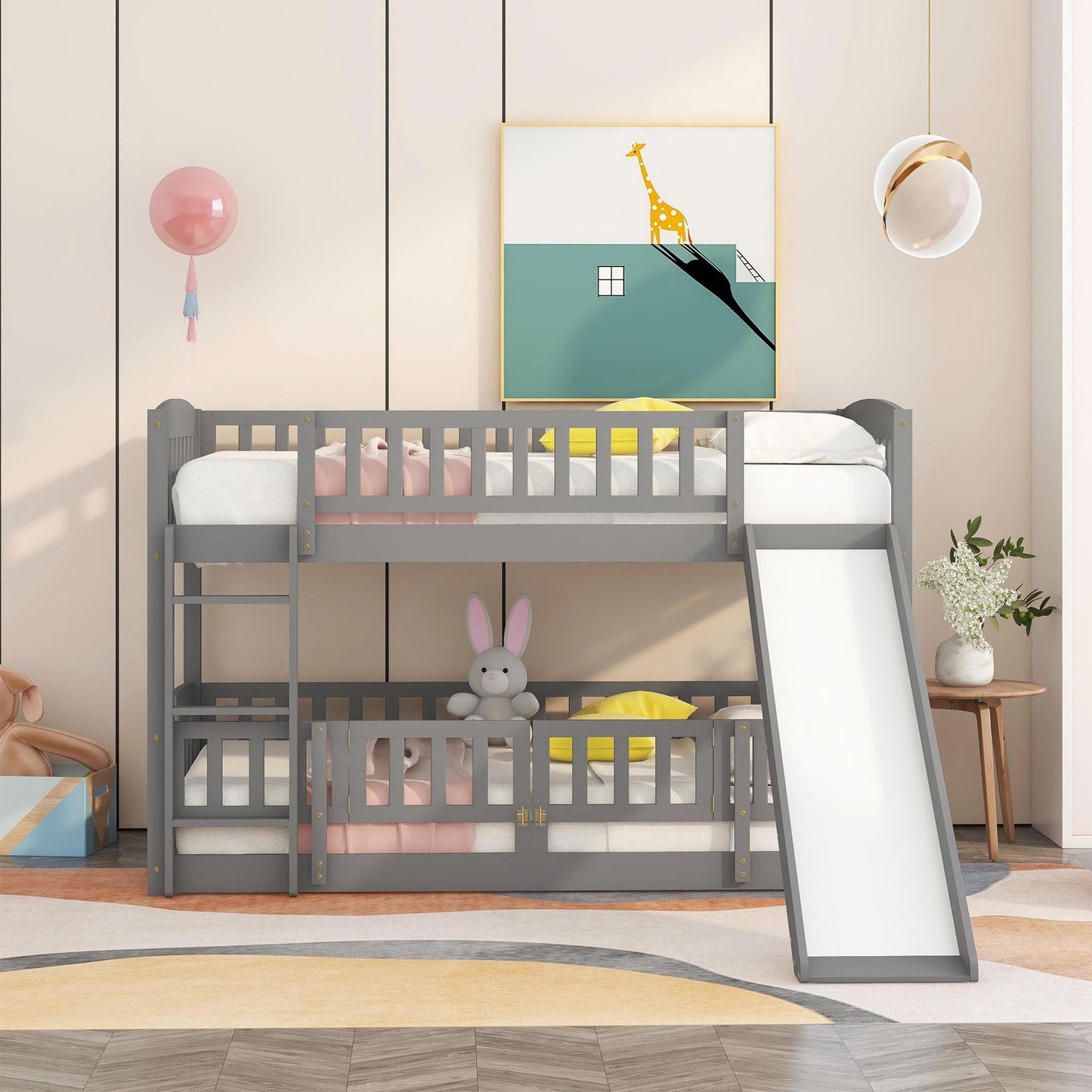 Twin Over Twin Low Bunk Bed With Slide, Fence And Ladder - Gray