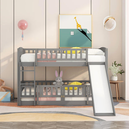 Twin Over Twin Low Bunk Bed With Slide, Fence And Ladder - Gray