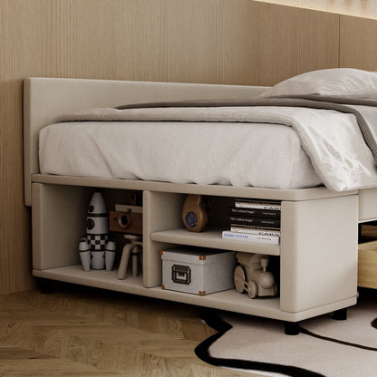 Twin L Shaped Upholstered Platform Bed With Storage And Drawers - Beige