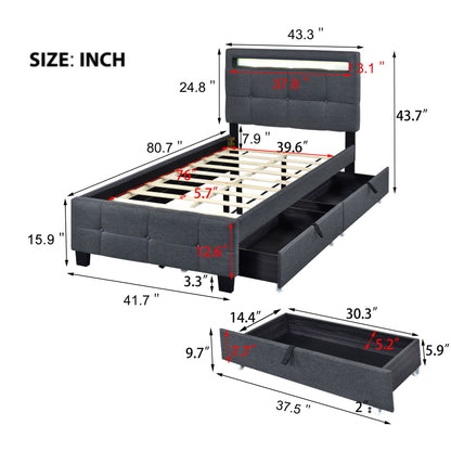 Twin Size Upholstered Platform Bed With LED Frame And 2 Drawers - Gray