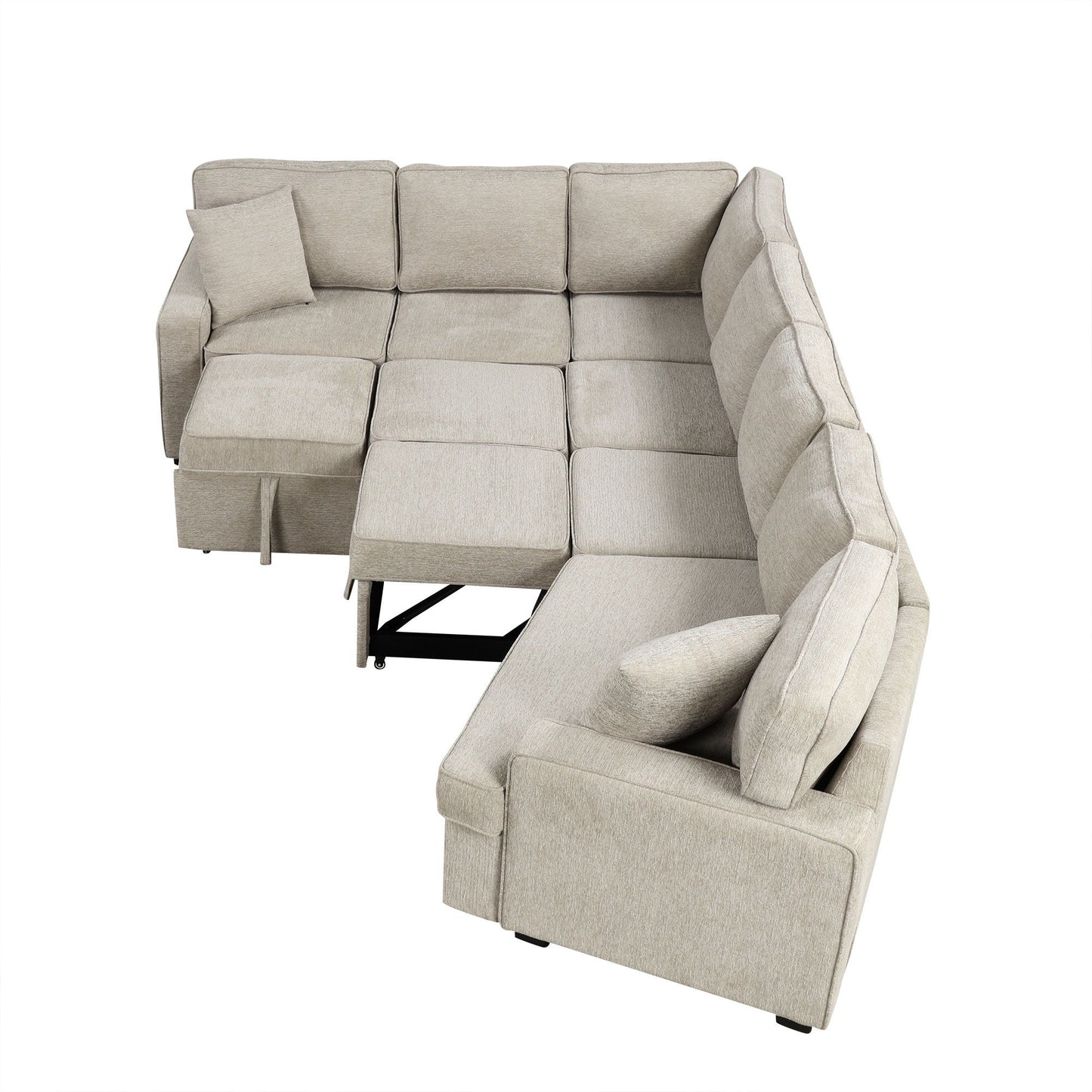 L-Shaped Sofa Sectional Sofa Couch Pull-Out Sofa Bed With Charging Devices And Cup Holders For Living Room - Beige