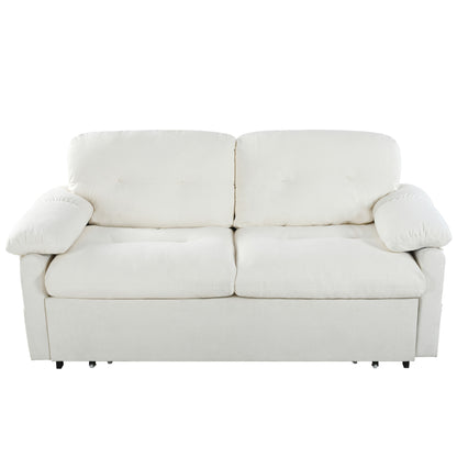 Modern Convertible Sleeper Sofa Bed With Pull Out Queen Design, Side Storage & Thick Cushions Chenille Loveseat For Living Room Or Bedroom 3 In 1 Function - Beige