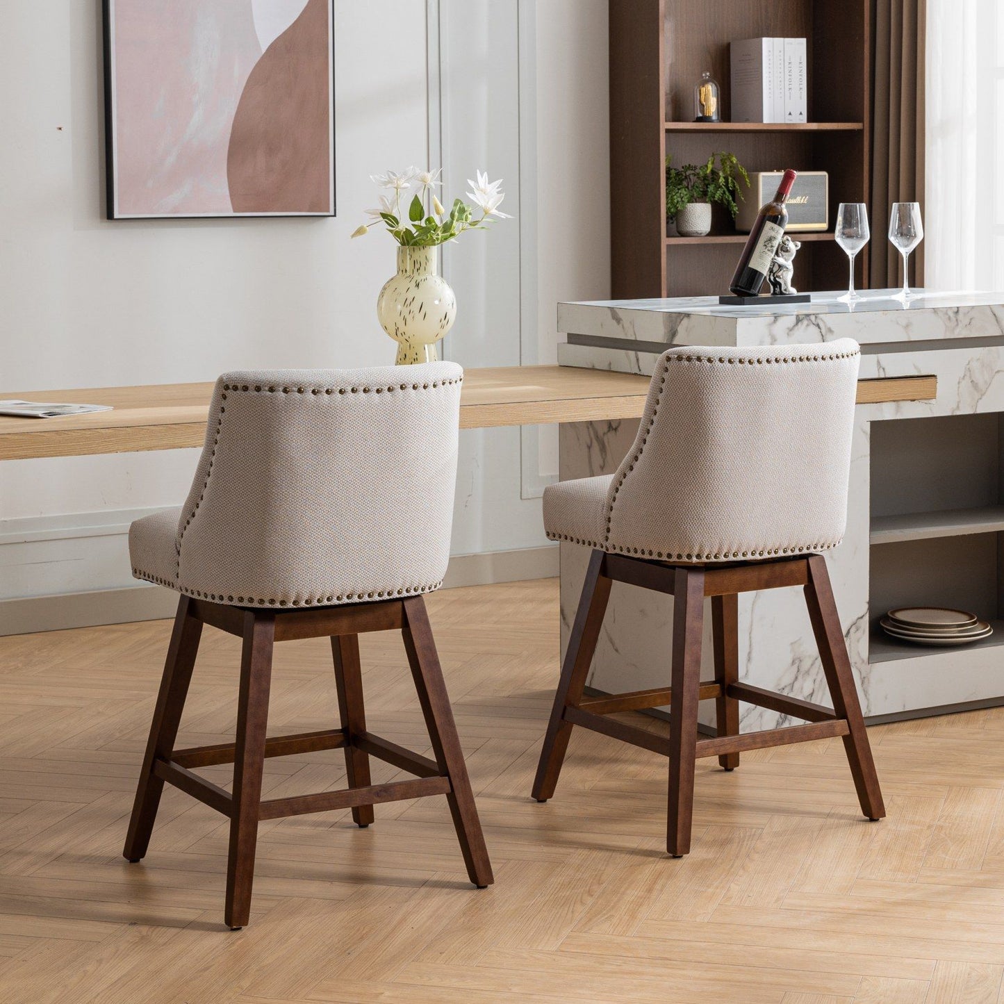 Counter Height Swivel Barstools, Upholstered Bar Stools (Set of 2) - Ivory