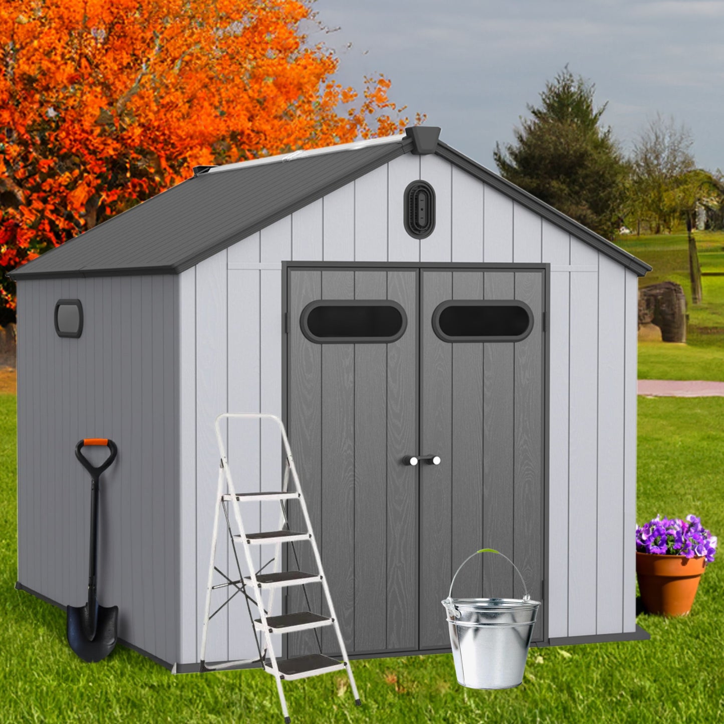 1 Resin Plastic Storage Shed For Backyard Garden With Spire Tool Storage - Black / Gray