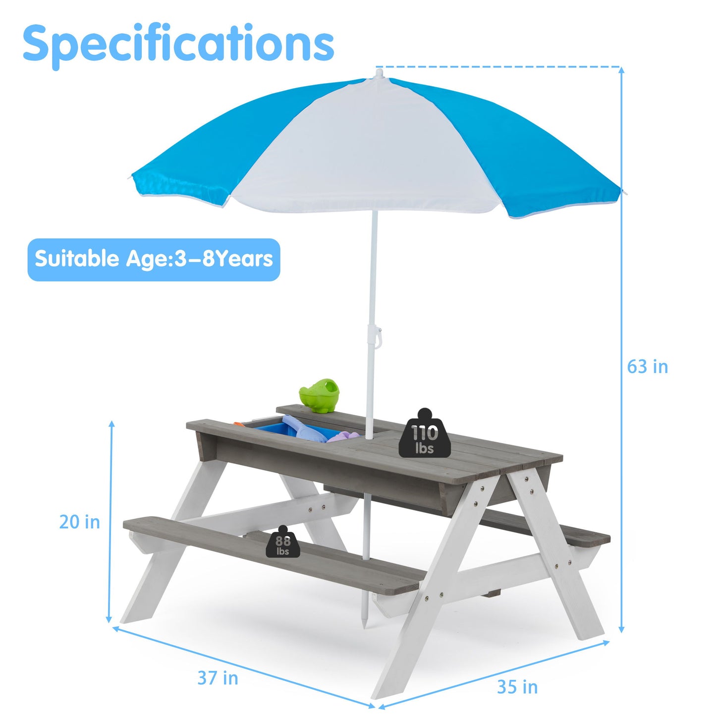 3-In-1 Kids Outdoor Wooden Picnic Table With Umbrella, Convertible Sand & Water, ASTM & CPSIA Certification - Gray