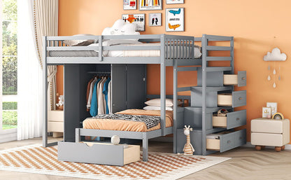 Full Over Twin Bunk Bed With Wardrobe, Drawers - Gray