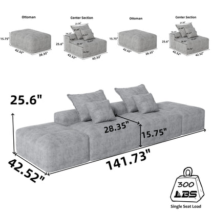 Modern Oversized Modular Sectional Sofa With 2 Ottoman And 2 Seat, Sparkling Chenille Fabric Soft Cushion Sofa With 4 Pillows, 4 Pieces Diy Combination Tufted Sofa, No Assembly Required - Blue